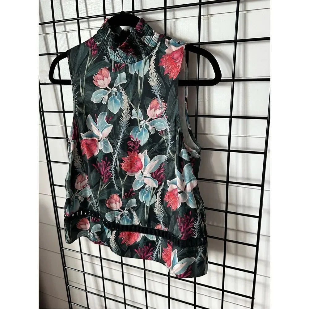 MinkPink Smocked‎ Sleeveless Turtleneck Womens S Tropical Floral Romantic